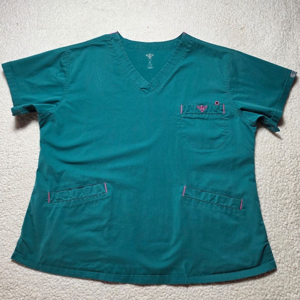 KOI Couture Scrub Set Teal Green Pink V-Neck Top Drawstring Pants XL L